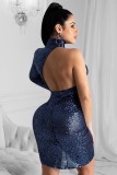 Blue Fashion adult Sexy Cap Sleeve Long Sleeves Turtleneck Asymmetrical Knee-Length Solid backl
