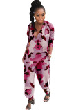 Pink Casual Print Polyester Long Sleeve V Neck Jumpsuits