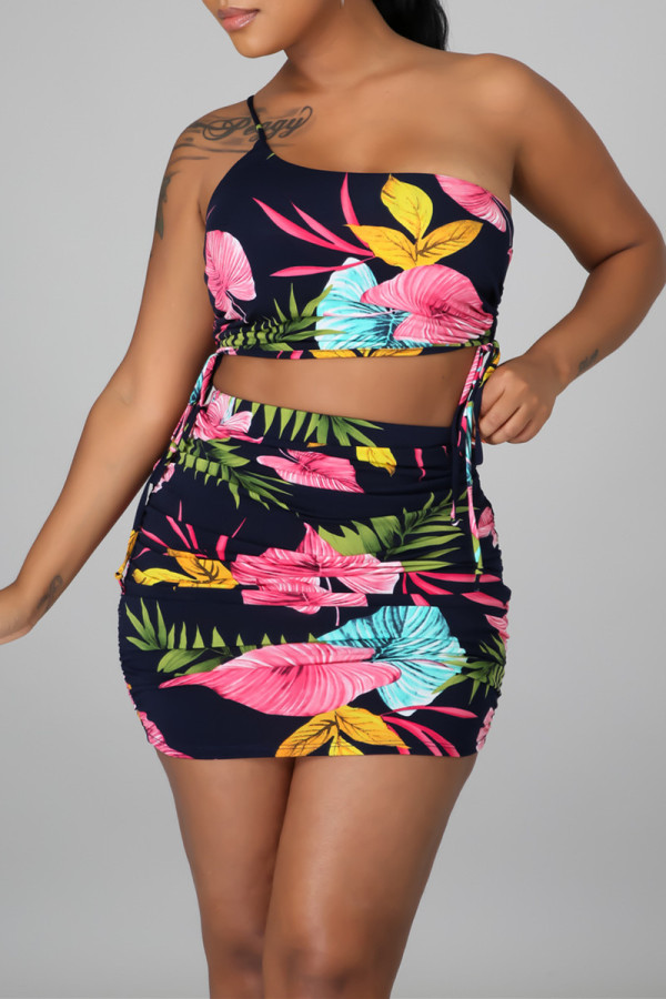 Black Fashion Sexy Print Backless Strap Design One Shoulder Sleeveless Two Pieces