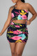 Black Fashion Sexy Print Backless Strap Design One Shoulder Sleeveless Two Pieces