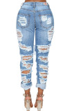 Blue Denim Zipper Fly Button Fly Mid Pocket washing Hole Zippered pencil Pants Pants