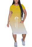 Yellow Polyester Fashion Street Red Black Blue Green Orange Yellow rose red purple Cap Sleeve Short Sleeves O neck Step Skirt Mid-Calf Ombre Solid Dresses