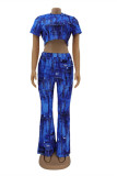 Deep Blue Fashion Casual Print Basic O Neck Short Sleeve Two Pieces