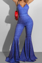 Blue Fashion Sexy Striped Polyester Sleeveless V Neck Jumpsuits