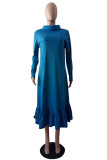 Sky Blue Street Solid Patchwork Turtleneck Dresses