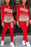 Tangerine Red Fashion Casual Gradual Change Letter Print Basic O Neck Long Sleeve Two Pieces