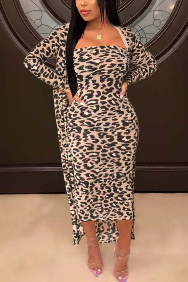 Leopard Print Sexy Print Leopard Patchwork O Neck Long Sleeve Two Pieces