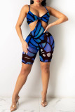 Light Purple Fashion Sexy Print Hollowed Out Backless V Neck Sling Romper