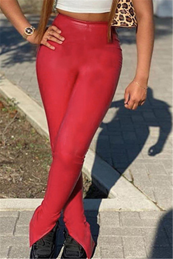 Red Fashion Casual Solid Slit Skinny High Waist Trousers