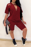 Red Casual Solid Patchwork O Neck Short Sleeve Two Pieces