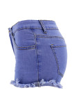 Light Blue Denim Button Fly Sleeveless Mid Zippered Patchwork Old Tassel Solid washing Straight shorts Shorts