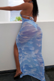 Sky Blue Sexy Print Patchwork Mesh Swimwears Three Pieces