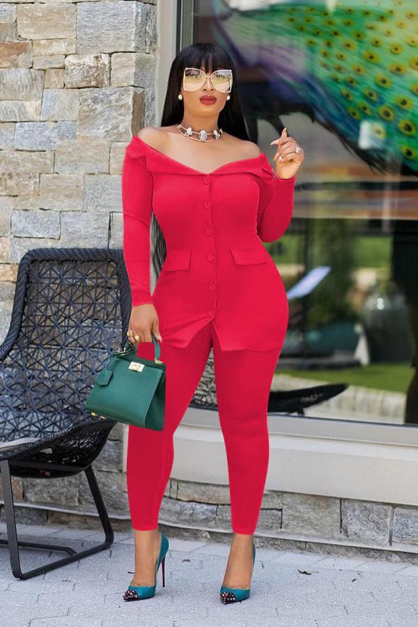 Red Sexy Fashion Solid Button Asymmetrical Pocket Long Sleeve V Neck Rompers