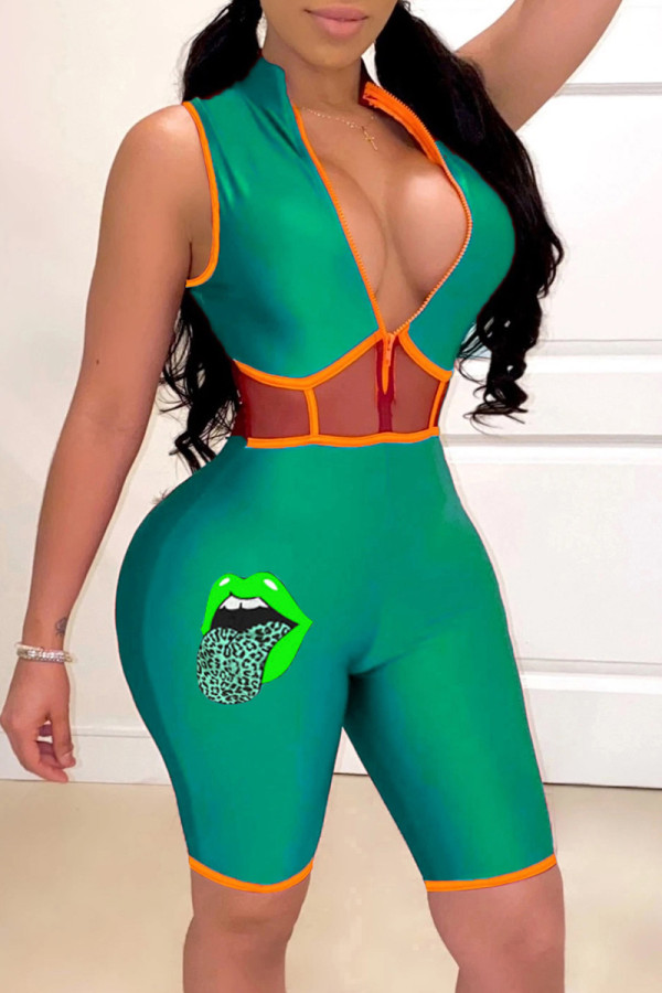 Light Green Fashion Sexy Print Patchwork Zipper Collar Skinny Romper