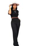 Black Polyester Casual Fashion Bandage crop top Solid Straight Two-piece Pants Set