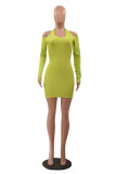 Fluorescent Yellow Fashion Sexy Solid Backless Halter Long Sleeve Dresses