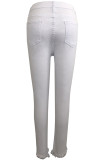 White Denim Zipper Fly Button Fly Mid Solid Zippered Pocket washing Hole pencil Pants Pants