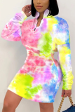 Multicolor Casual Patchwork Tie-dye Turndown Collar A Line Dresses