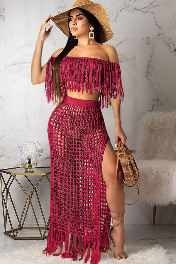 Wine Red Polyester Sexy Fashion tassel HOLLOWED OUT Solid perspective Patchwork A-line skirt Short Sleeve Tw