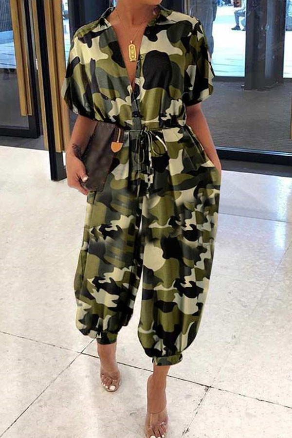 Camouflage Fashion Street Adult Camouflage Print Frenulum With Belt Turndown Collar Loose Jumpsuits