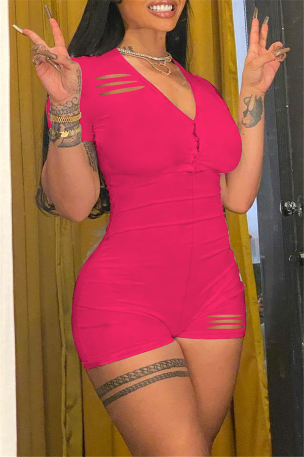 Rose Red Fashion Casual Solid Ripped V Neck Skinny Romper