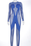 Blue Casual Solid Hollowed Out Patchwork O Neck Regular Jumpsuits