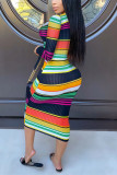 Multi-color Fashion Casual Striped Print Basic O Neck Printed Dress