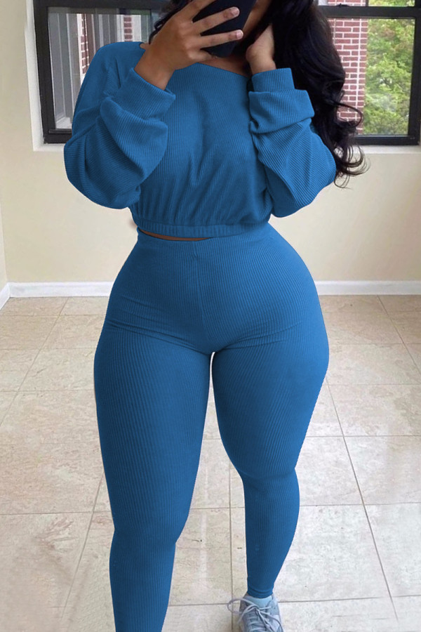 Baby Blue Fashion Casual Solid Basic O Neck Long Sleeve Two Pieces