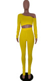 Yellow Sexy Europe and America Solid Split Skinny Long Sleeve Two Pieces