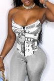 Blue Fashion Sexy Print Backless Spaghetti Strap Tops