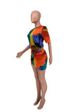 Orange Fashion Casual Print Tie-dye O Neck Short Sleeve Dress