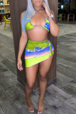 Blue Fashion Sexy Print Backless Halter Sleeveless Two Pieces