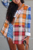 tangerine Casual Spandex Plaid Patchwork Split Joint Buttons Cardigan Turn-back Collar Outerwear
