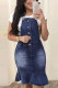 Dark Blue Sweet Solid Spaghetti Strap Pencil Skirt Dresses