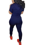 Royal blue Polyester Fashion Active adult Ma'am hooded Solid Burn-out Two Piece Suits Stitching Plus Size