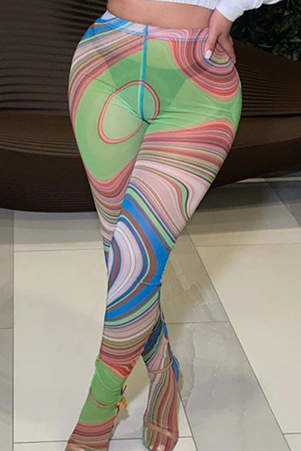 Green Sexy Print See-through Skinny High Waist Pencil Full Print Bottoms