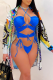 Blue Sexy Print Hollowed Out Split Joint Swimwears