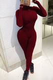 Wine Red Fashion Print Cotton Long Sleeve O Neck Jumpsuits
