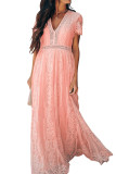 Pink Europe and America Sweet Short Sleeves V Neck Swagger Floor-Length Print lace Solid hollow out Dresses