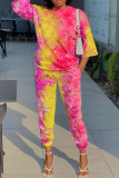 Yellow Elegant Tie Dye O Neck Half Sleeve Two Pieces