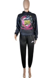 Black Casual Print Letter O Neck Tops