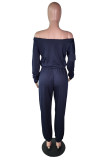 Dark Blue Casual Fashion Solid Polyester Long Sleeve one word collar Jumpsuits