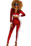 Red Street Two Piece Suits Patchwork Solid pencil Long Sleeve Two-piece Pants Set