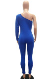 Blue Casual Solid zipper Cotton Blend Long Sleeve O Neck Jumpsuits