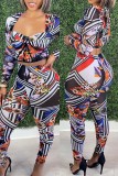 Multicolor Fashion Casual Print Basic Square Collar Long Sleeve Two Pieces