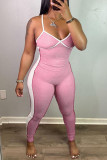 Pink Sexy Casual Solid Patchwork Backless Spaghetti Strap Skinny Jumpsuits