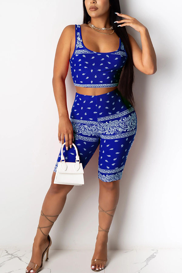 Royal blue Polyester Fashion Sexy Print Two Piece Suits Straight Sleeveless Two Pieces