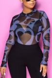 Black Sexy Print See-through O Neck Tops
