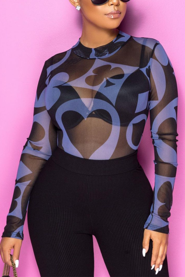Black Sexy Print See-through O Neck Tops