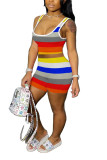 Blue Fashion Casual adult Striped Patchwork Print Two Piece Suits Straight Sleeveless Two Pieces